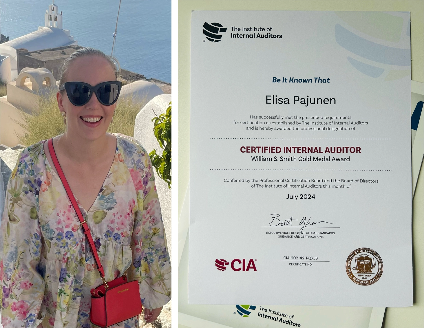 Elisa Pajunen ja sisäisen tarkastuksen CIA-ammattitutkinnon Gold Award 2024 -todistus